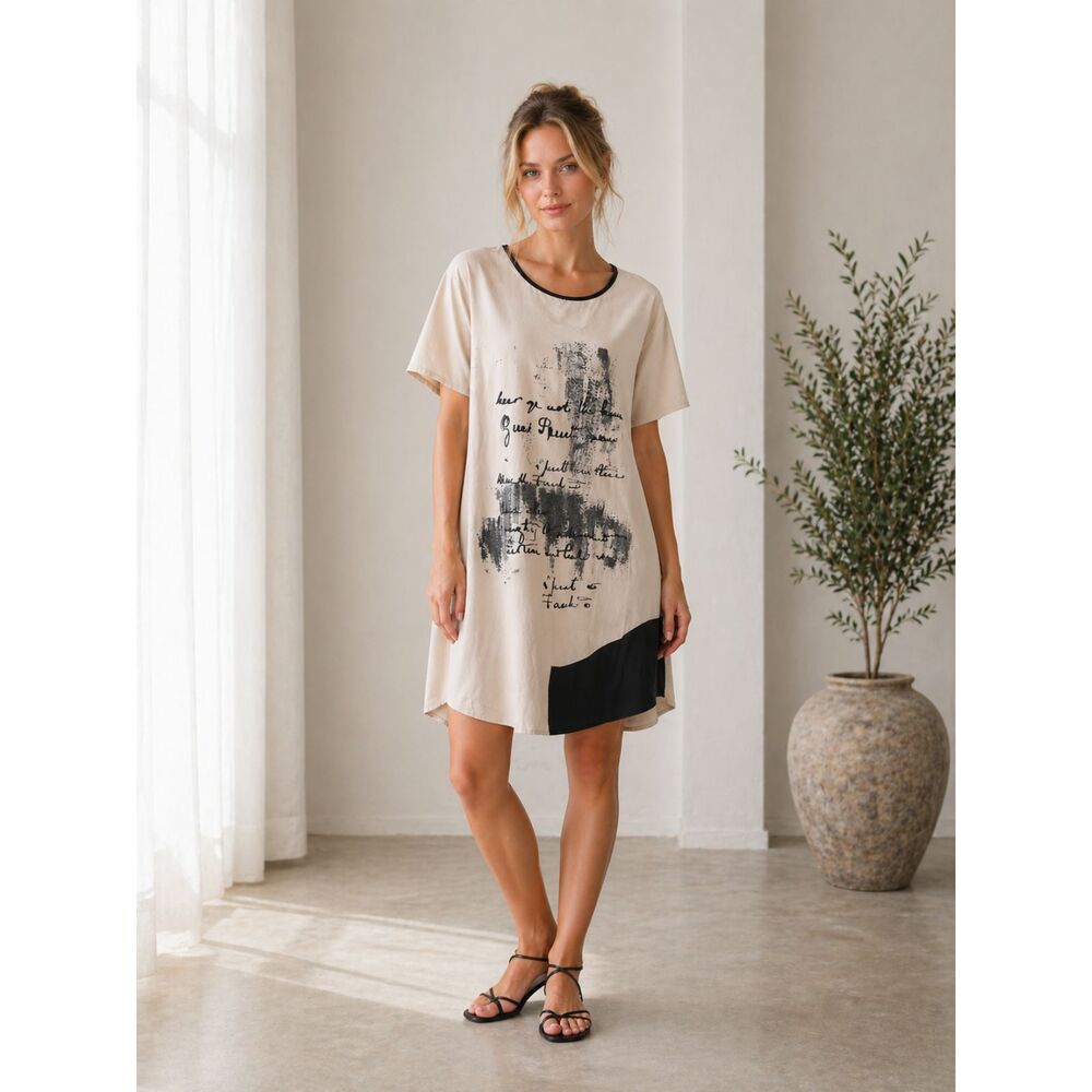 Lagenlook Art To Wear Tunic Dress Minimalist Oversized Abstract Midi Beige XL
